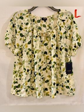 AUW White Blouse with Green and Yellow Leaf Print